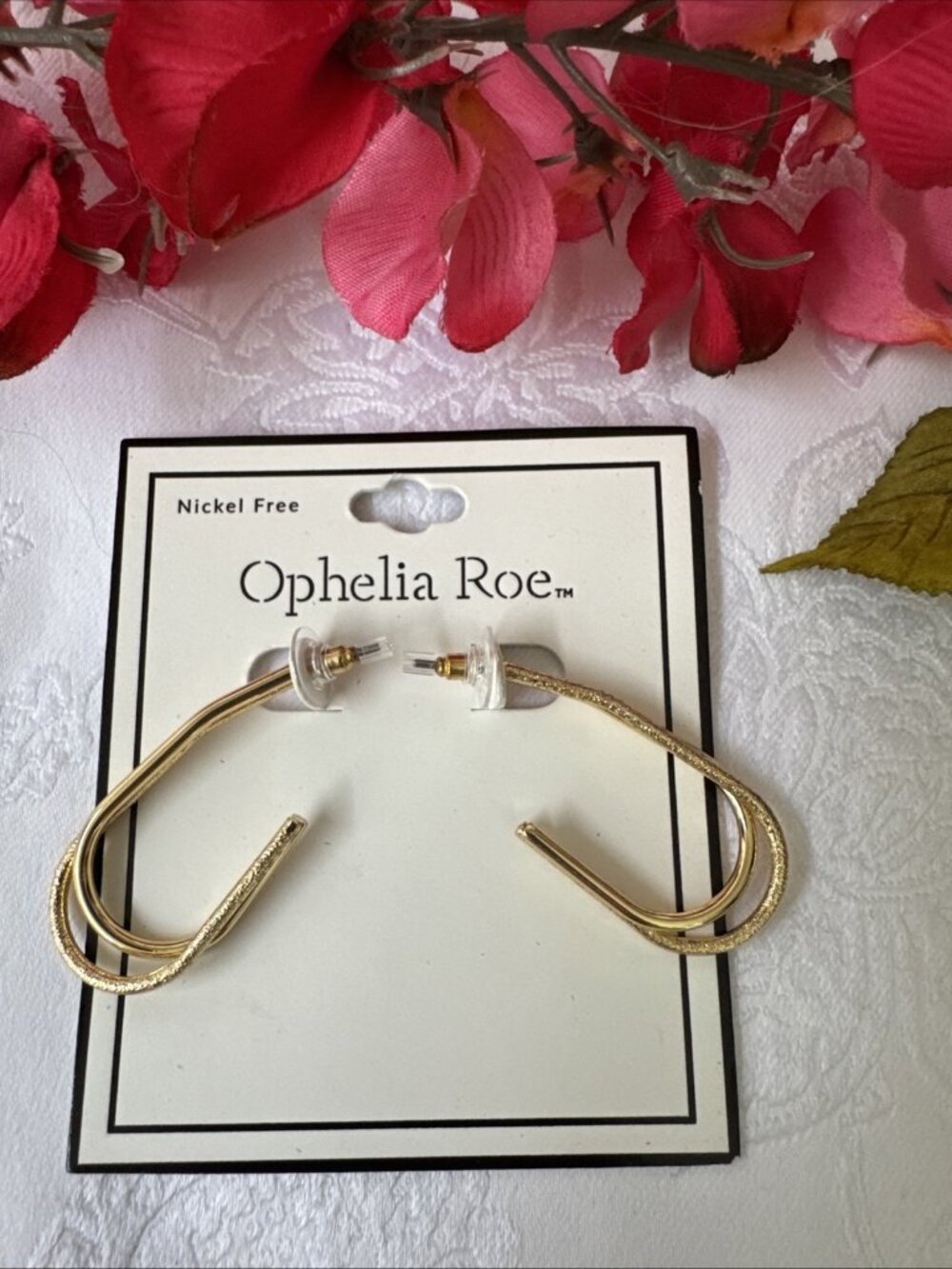 Ophelia Roe Textured Goldtone Oval Drop Hook Hoop 2" Earrings Nickel Free NEW